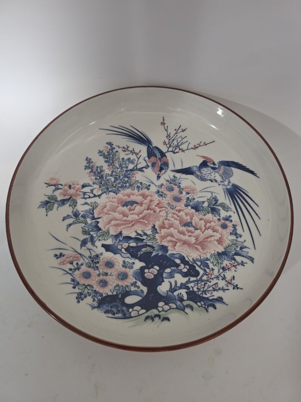 Vintage Japanese Fukusen Bird Flowers Porcelain Serving Bowl Imari 11.5 Inches